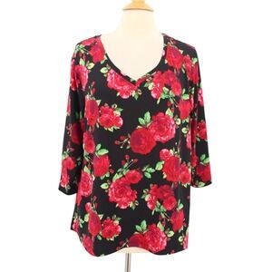 The Pioneer Woman Top Womens XL V Neck 3/4‎ Sleeve Floral Stretch Cottagecore
